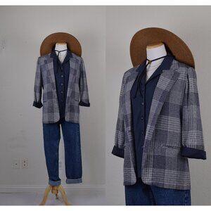 Vintge 90s Blue Plaid Oversized‎ Blazer | size S